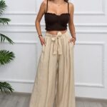 Pantaloni palazzo Nayana, cu banda elastica si cordon, CREM, Marime S/M/L