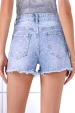 Pantaloni scurti de blugi OXAKA, cristale aplicate geometric si franjuri, Albastru zapada - imagine 2
