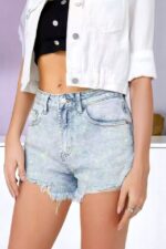 Pantaloni scurti de blugi YOVA, cristale si perforatii ample, Albastru zapada