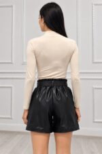 Pantaloni scur?i piele ecologica ZAIRA, cu talie naltÇ ?i curea inclusÇ, Negru, Marime S/M - imagine 2