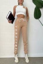 Pantaloni sport FOB, din bumbac, mansete elastice cu taieturi stilizate la extremitati, Crem - imagine 2