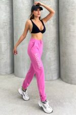 Pantaloni sport ISSA BabyGirl, cu imprimeu si banda elastica, Roz - imagine 2