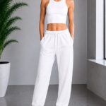 Pantaloni sport Lorenza, cu snur si mansete elastice, Alb