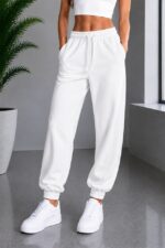 Pantaloni sport Lorenza, cu snur si mansete elastice, Alb - imagine 2