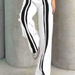 Pantaloni sport ThinK Deep, cu dungi si croi Large evazat, Alb