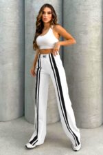 Pantaloni sport ThinK Deep, cu dungi si croi Large evazat, Alb - imagine 2