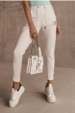 Pantaloni sport WeiLy, croiala conica si dunga, Alb - imagine 2