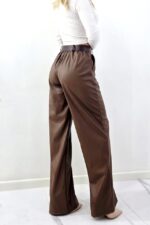 Pantaloni vatuiti Leonis, din piele ecologica, cu buzunare si curea asortata, Maro, Marime S/M - imagine 2