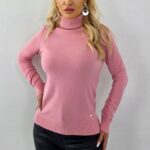 Pulover accesorizat din casmir si lana, PATY Roll, cu guler rulat, Roz, Marime S/M