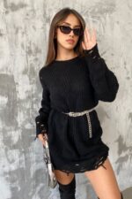 Pulover de dama tricotat Laura, cu decupaje si perforatii in material, Negru, Marime universala S/M/L - imagine 2
