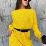 Pulover lung tricotat Laura, cu decupaje in material, Galben, Marime universala S/M/L