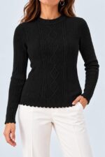 Pulover tricotat de dama BIJOU, cu textura reliefata si mansete elastice, Negru - imagine 2