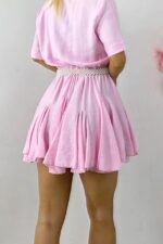 Rochie cu volane Peony Pearl, tip camasa si curea inclusa, Roz, Marime S/M - imagine 2
