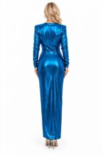 Rochie de evenimente Julietta, cu maneca lunga si falduri, Albastru electric Metalizat, Marime S/M - imagine 2