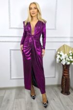 Rochie de evenimente Julietta, cu umeri evidentiati si falduri, Fucsia Metalizat, Marime S/M