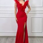 Rochie de gala Zenaria, cu siraguri din cristale si volane, Rosu