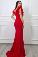 Rochie de gala Zenaria, cu siraguri din cristale si volane, Rosu - imagine 2