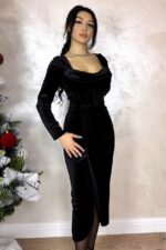 Rochie de ocazie, catifelata Kassia, cu aspect petrecut, Negru, Marime S/M