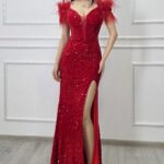 Rochie de ocazie Lady Marry, croi tip sirena, cu paiete si pene, Rosu