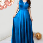 Rochie de ocazie Leontina, cu textura satinata si cristale artizanale, Albastru marin