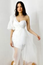 Rochie de seara Dayana, cu maneca bufanta si detaliu din organza, Alb - imagine 2