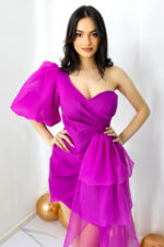 Rochie de seara Dayana, cu maneca bufanta si detaliu din organza, Mov - imagine 2