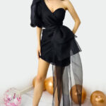 Rochie de seara Dayana, cu maneca bufanta si detaliu din organza, Negru