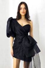 Rochie de seara Dayana, cu maneca bufanta si detaliu din organza, Negru - imagine 2