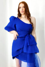 Rochie de seara Dayana, cu maneca bufanta si detaliu din organza, Albastru, 36 - imagine 2