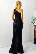 Rochie de seara, JoeLLe, cu detaliu floral si umarul gol, Negru Metalizat, Marime S/M - imagine 2