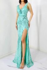 Rochie de seara Lady Margo, cu pene, paiete si decolteu adanc cu tull, Turquoise - imagine 2