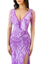 Rochie de seara Lady Margo, cu pene, paiete si decolteu adanc cu tull, Mov - imagine 2