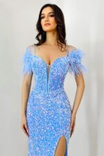 Rochie de seara Lady Marry, croi tip sirena, cu paiete si pene, Albastru baby blue - imagine 2