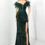 Rochie de seara Lady Marry, croi tip sirena, cu paiete si pene, Verde inchis