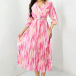 Rochie de zi Fatima, croiala plisata si imprimeu pastelat, Roz, Marime S/M