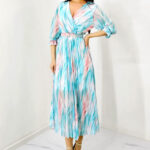 Rochie de zi Fatima, croiala plisata si imprimeu pastelat, Turquoise, Marime S/M