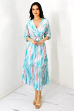 Rochie de zi Fatima, croiala plisata si imprimeu pastelat, Turquoise, Marime S/M - imagine 2