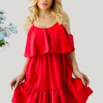 Rochie de zi StefANA, croiala scurta, decupata, cu volane, Rosu, Marime S/M/L