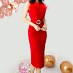 Rochie eleganta din bumbac, Naisha, cu pene naturale si crapatura laterala, Rosu