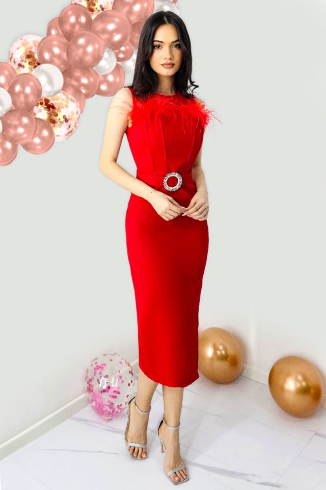 rochie-eleganta-din-bumbac-naisha-cu-pene-naturale-si-crapatura45493 Rochie eleganta din bumbac, Naisha, cu pene naturale si crapatura laterala, Rosu - imagine 1