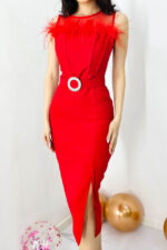 Rochie eleganta din bumbac, Naisha, cu pene naturale si crapatura laterala, Rosu - imagine 2