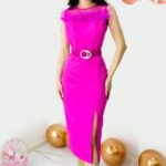 Rochie eleganta din bumbac, Naisha, cu pene naturale si crapatura laterala, Fucsia