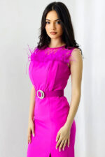 Rochie eleganta din bumbac, Naisha, cu pene naturale si crapatura laterala, Fucsia - imagine 2