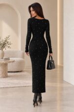 Rochie eleganta din tricot ASTRID, cu perle si croiala bodycon, Negru - imagine 2