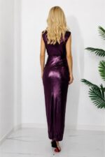 Rochie eleganta Ilaria, cu falduri si decolteu adanc, Purple Plum Metalizat, Marime S/M - imagine 2