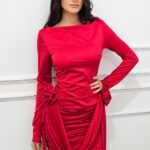 Rochie eleganta Jordana, cu aplicatii florale si fronseuri laterale, Rosu, Marime S/M