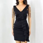 Rochie eleganta Larisa, cu siraguri din cristale si falduri decorative, Negru