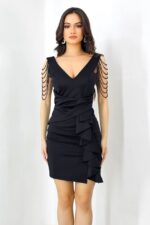 Rochie eleganta Larisa, cu siraguri din cristale si falduri decorative, Negru