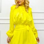 Rochie eleganta StarDust, cu insertii metalice Lurex si volane, Galben, Marimea S/M