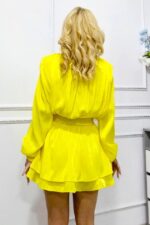 Rochie eleganta StarDust, cu insertii metalice Lurex si volane, Galben, Marimea S/M - imagine 2